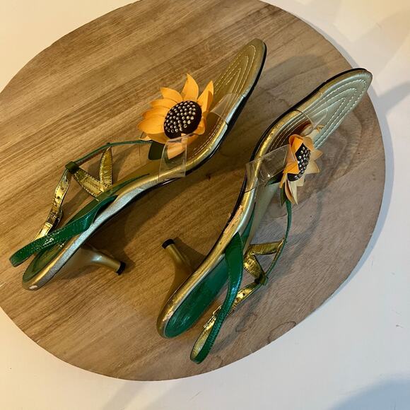 Green Yellow Sunflower Embellished Open Toe Kitten Heel Ankle Strap Size 9.5 - Picture 5 of 13